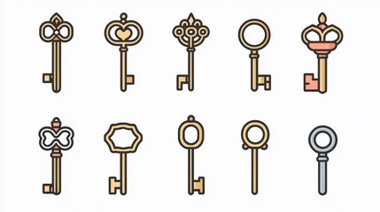 Collection of vintage keys, decorative, digital illustration, graphic design, possible use as icon set or wallpaper