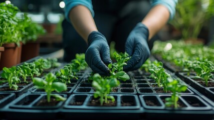 A person in gloves is tending to young plants in trays, showcasing a nurturing gardening activity in a greenhouse setting.