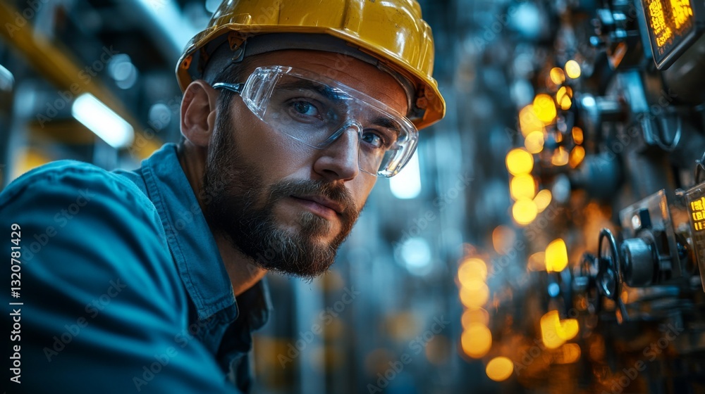 Poster a technician in a hard hat and safety glasses inspects control panels in a petrochemical processing 