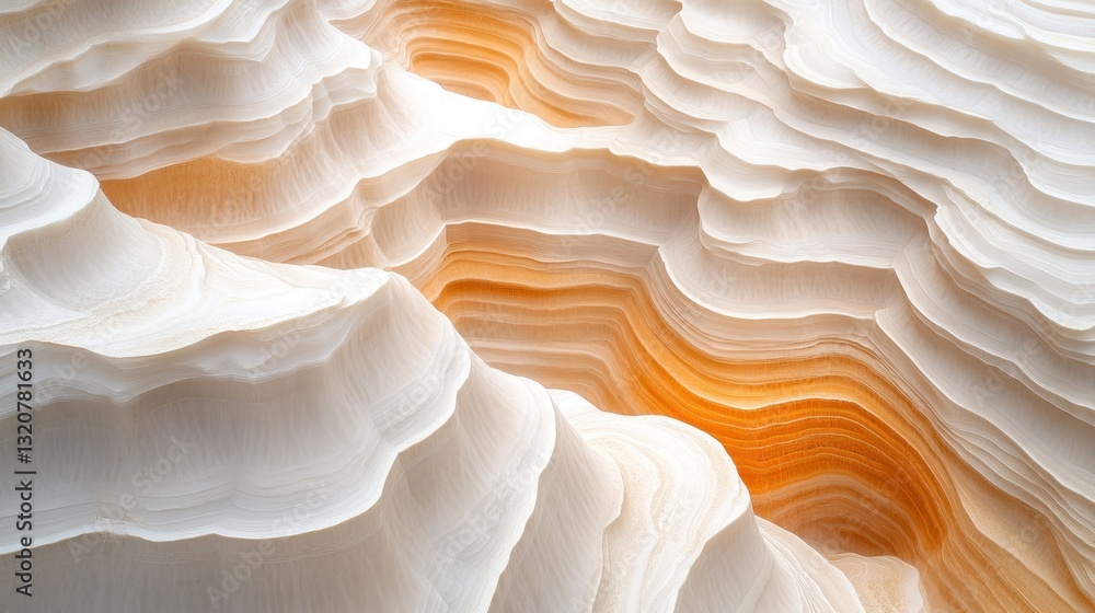 Poster abstract layered landscape of pale beige and orange. detailed, undulating layers create a sense of d