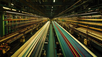 Industrial weaving machines producing patterned fabric.