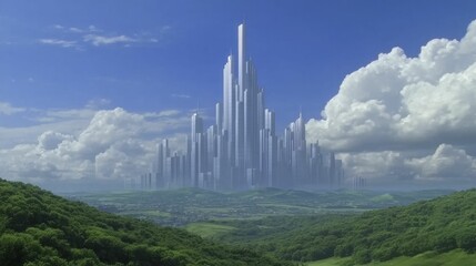 Fototapeta premium Futuristic smart city features sleek architecture, lush green spaces, and cutting-edge technology seamlessly blending with nature.