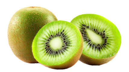 A vibrant, freshly cut kiwi fruit isolated on a transparent background, with the seeds clearly visible in the green flesh