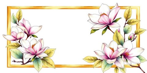 Obraz premium Elegant watercolor golden frame enclosing hand-painted line art magnolia blossoms and leaves, painting, branch