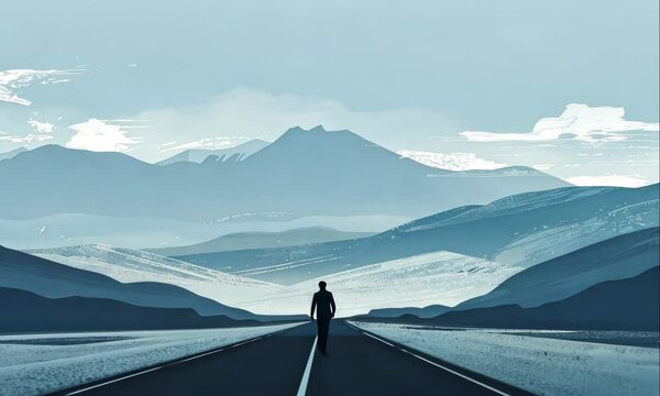 lonely man walks along a straight road illustrated animation