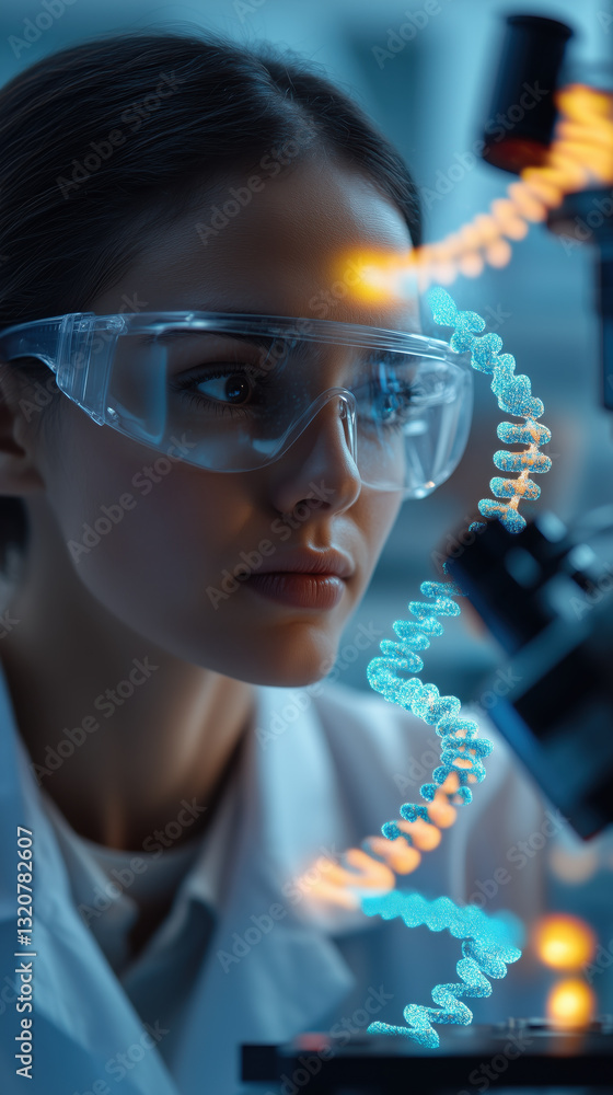 Poster biotechnologist in genetics lab examining dna samples with focus and precision