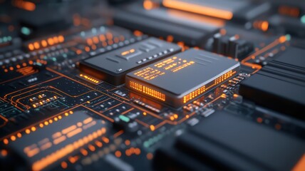 Glowing Orange and Green Circuit Board Components Close-up