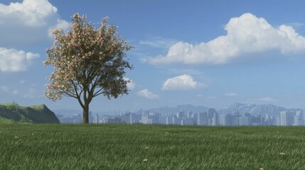 Obraz premium Solitary tree rises in urban park during spring, with vibrant blossoms standing out against gray city skyline.