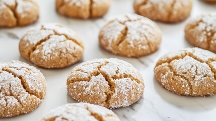 Fototapeta premium Savor the delightful experience of vegan amaretti cookies, each perfectly shaped with cracks and a snowy powdered sugar coating. Ideal for any sweet craving