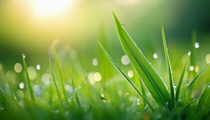 Fototapeta premium close up view of a single vibrant green grass blade glistening with dew drops against a softly blurred green background highlighting nature s beauty and tranquility concept