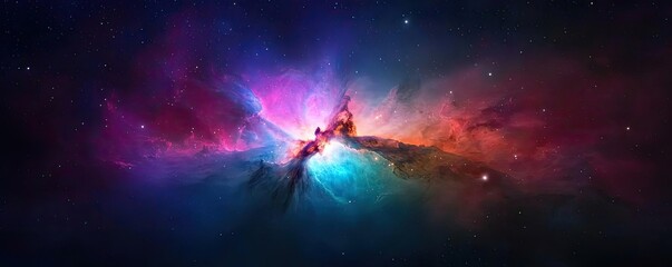 Naklejka premium Dark sky concept. A stunning nebula featuring vibrant colors of cosmic dust and gas in deep space.