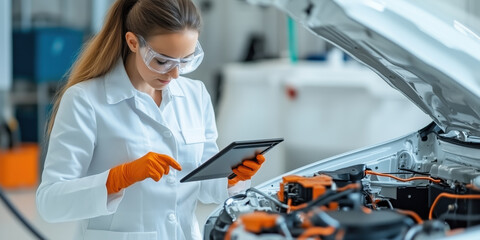 female mechanical engineer in automotive lab inspects electric vehicle engine