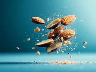 Almonds in mid-air showcasing their crunch and texture against a vibrant background