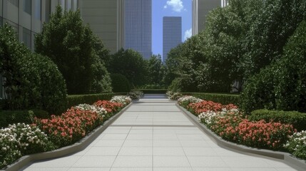 Obraz premium A tranquil urban garden nestled between tall buildings, showcasing a serene escape within a bustling city.