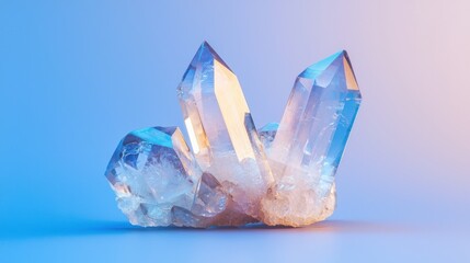 Sparkling quartz cluster on blue background.