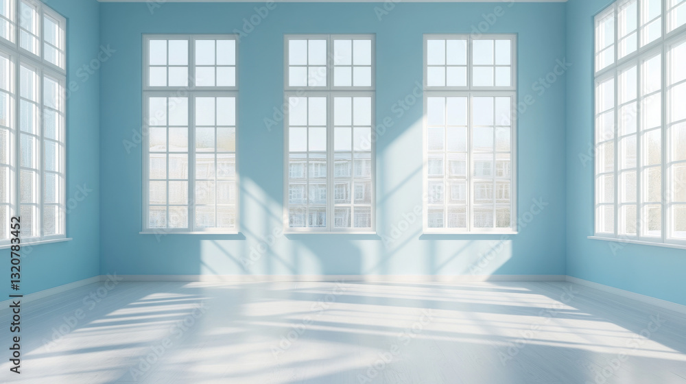 Poster a minimalist abstract light blue backdrop where soft shadows from windows create an elegant presenta