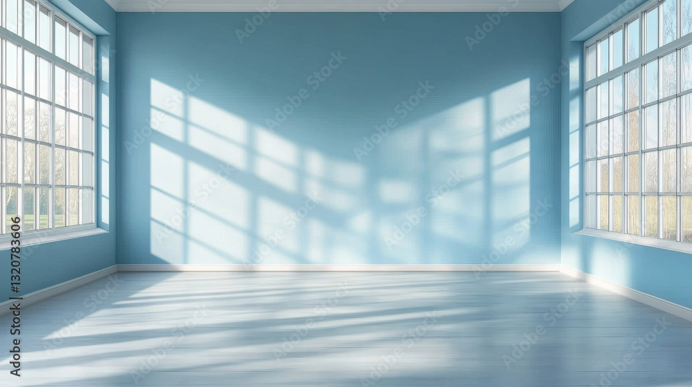Poster a minimalist abstract light blue backdrop where soft shadows from windows create an elegant presenta