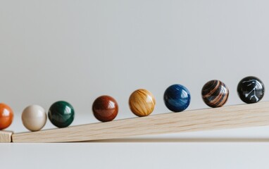 Colorful Marbles Rolling Down Wooden Ramp on Light Gray Background