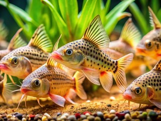 Fototapeta premium Candid Corydoras Catfish Schooling in Aquarium - Underwater Wildlife Stock Photo