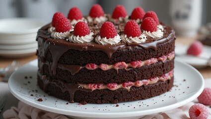 Delicious chocolate cake adorned with raspberries and creamy frosting, perfect for any celebration or dessert table.