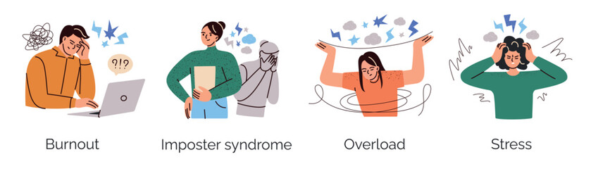 Vector illustration set of people with negative emotions and mental states, compostions of burnout, imposter syndrome, stress, and overload. Flat cartoon characters, astract psychology scenes