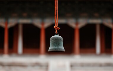 Obraz premium Small Dark Bell Hanging in Temple Setting