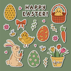 Colorful spring and Easter egg hunt sticker set for planners, notebooks. Ready for print list of cute stickers with cartoon doodle of bunny with carrot, ornate eggs tulips, basket with baby chicken.