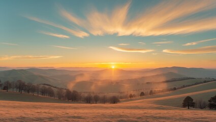 Majestic Plateau Landscape at Sunset with Warm Golden Light.