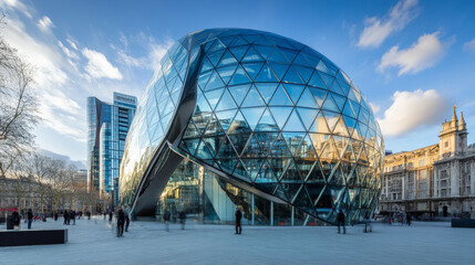 A modern glass building reflecting the sky, showcasing contemporary architecture with a transparent facade