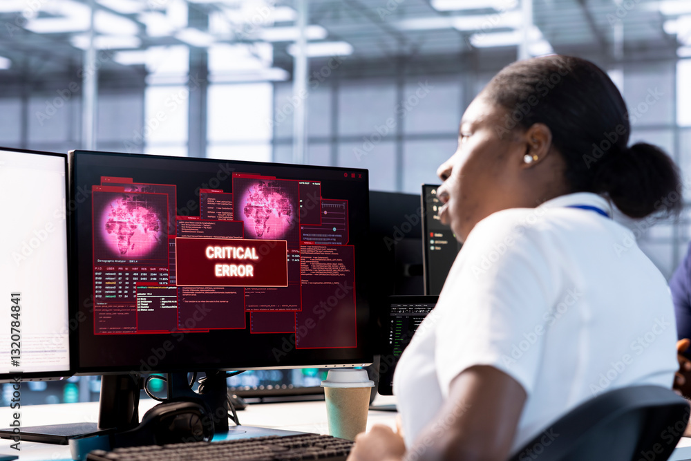 Poster engineer in server hub investigating breach alerts, working to protect equipment from hacker. woman 