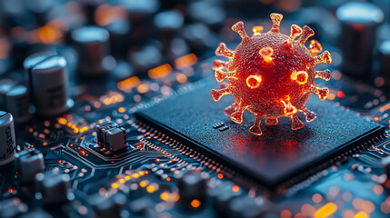Virus on Microchip, Technological Threat, Digital Pandemic, Cybersecurity Risk,  Background Circuit Board