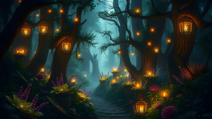 Enchanted forest path illuminated by hanging lanterns and glowing plants at night