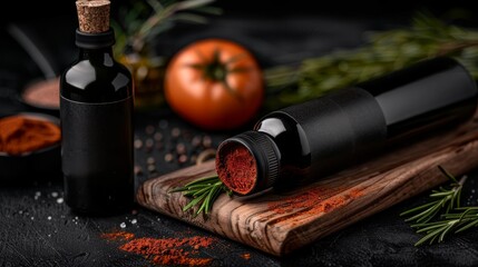 Obraz premium A beautifully arranged food flat-lay featuring fresh organic ingredients, a cutting board, and a rustic kitchen setup. 