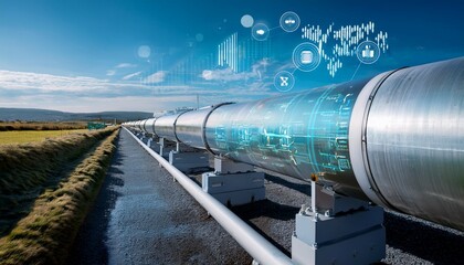 close up of a hydrogen pipeline with digital technology monitoring its flow