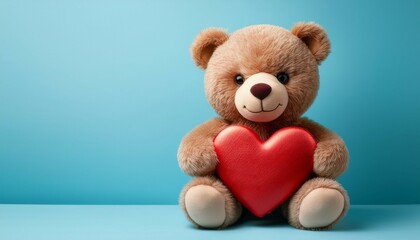 Obraz premium a cute teddy bear holding a heart isolated on a light blue background