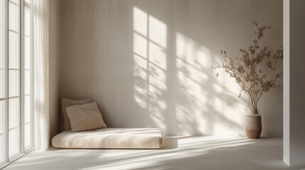 A neutral studio space with soft window shadows, providing a refined background for product presentations