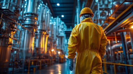 A worker in yellow protective gear walks through a petrochemical refinery, examining complex machinery and pipelines in a well-lit industrial setting at night.