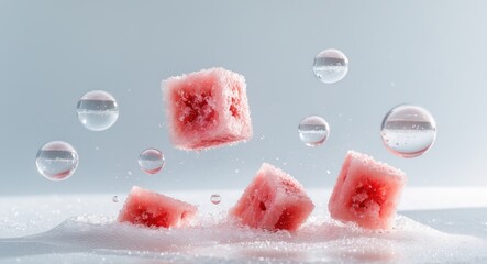 Fototapeta premium Macro Shot of Floating Frozen Watermelon Cubes in Bubbles
