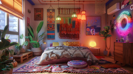 a maximalist bedroom with layered rugs and neon art