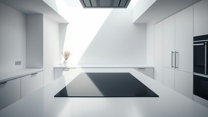 Fototapeta premium Minimalist White Kitchen with Skylight, Modern Appliances, and Sleek Design