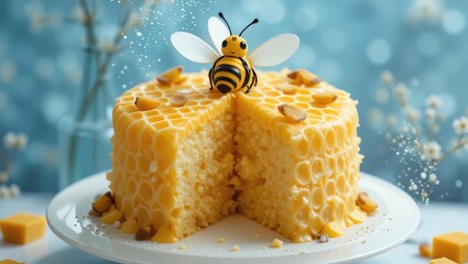 Delicious honey cake topped with a bee design, perfect for celebrations and sweet moments.