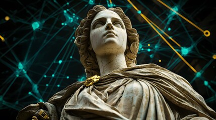 Obraz premium Monumental Statue Represents Justice Urban Environment Art Installation Digital Age Low Angle View