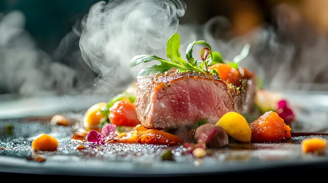 Beautifully plated gourmet dish featuring a succulent piece of meat with fresh herbs and colors food