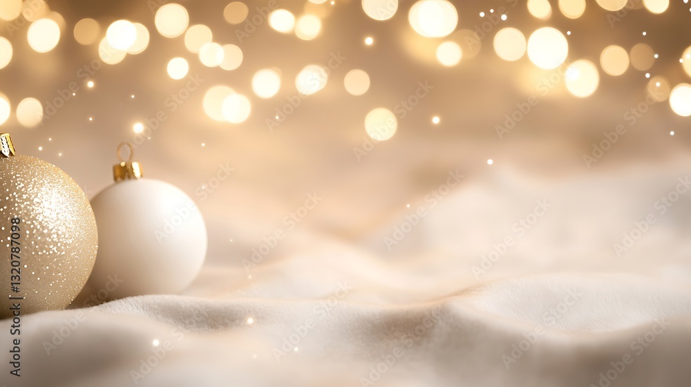 Poster sparkling holiday ornaments on a soft background with bokeh lights.