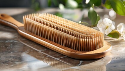 a high quality bamboo hairbrush with natural boar bristles rests on a speckled countertop