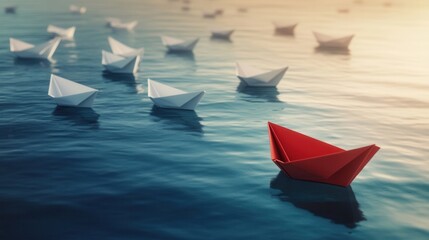 Obraz premium Fleet of white paper boats moving together in ocean with one red boat choosing a different path, illuminated by golden sunrise light