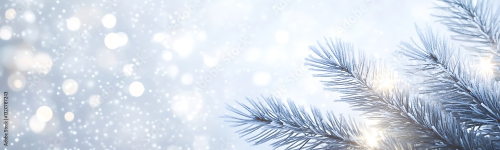 Poster frosted pine branches with a light bokeh background create a wintery atmosphere.