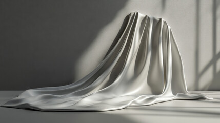 A refined 3D studio scene featuring draped silk fabric and soft shadows, creating a sophisticated product display setting