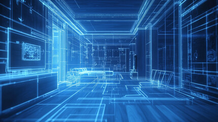 Modern home interior design blueprint digital wireframe living room apartment 3d glow plan model