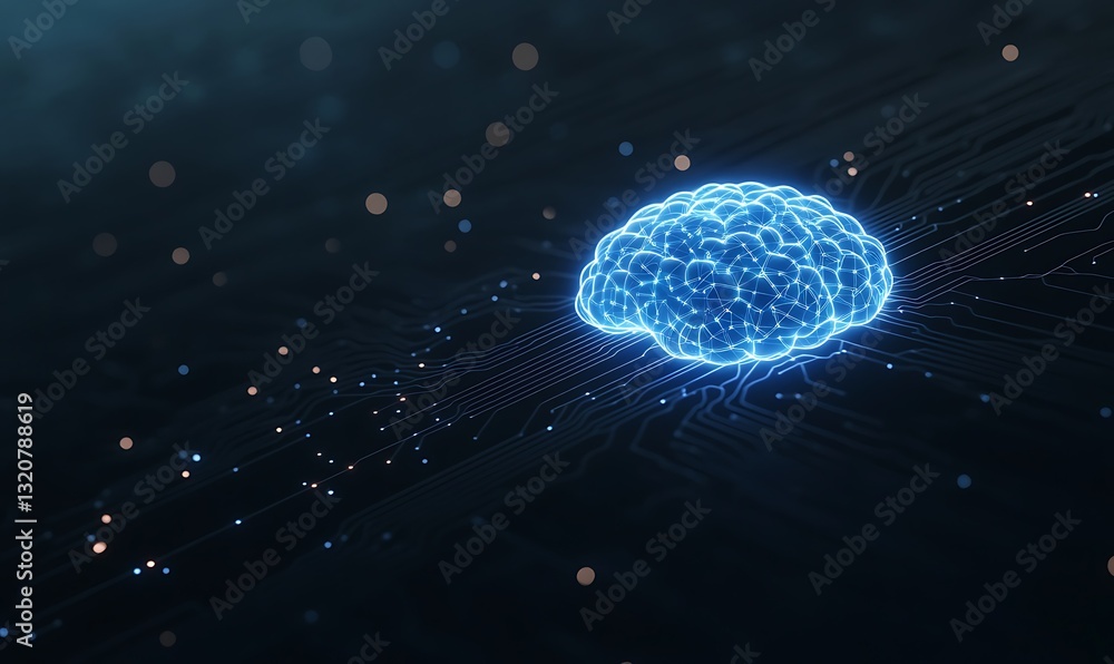 Poster Glowing digital brain representation floating in a dark space with sparkles.